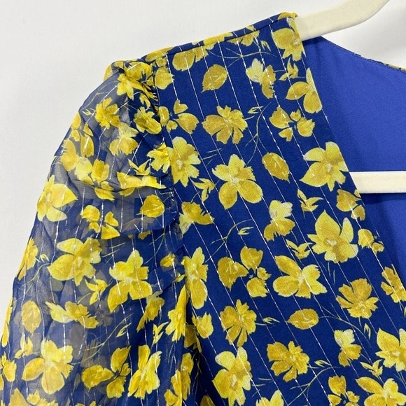 Shoshanna Blue Silk Yellow Floral Metallic Faux Wrap Ruffle Dress size 4 - Picture 4 of 9